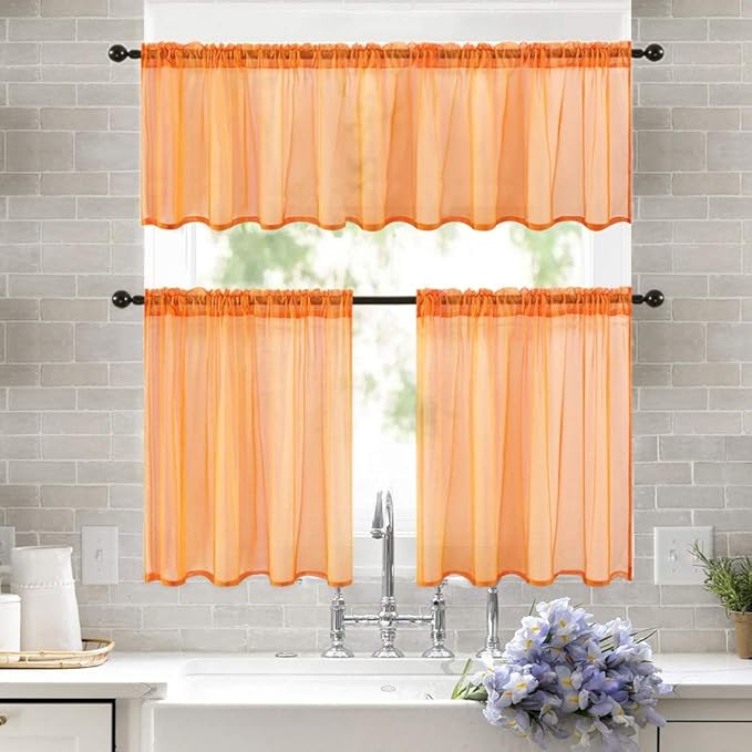 MIULEE 2 Panels Fall Kitchen Tiers Half Window Sheer Curtains-Rod Pocket Voile Drapes for Kitchen Bathroom-Small Windows 29 by 36 Inch Orange