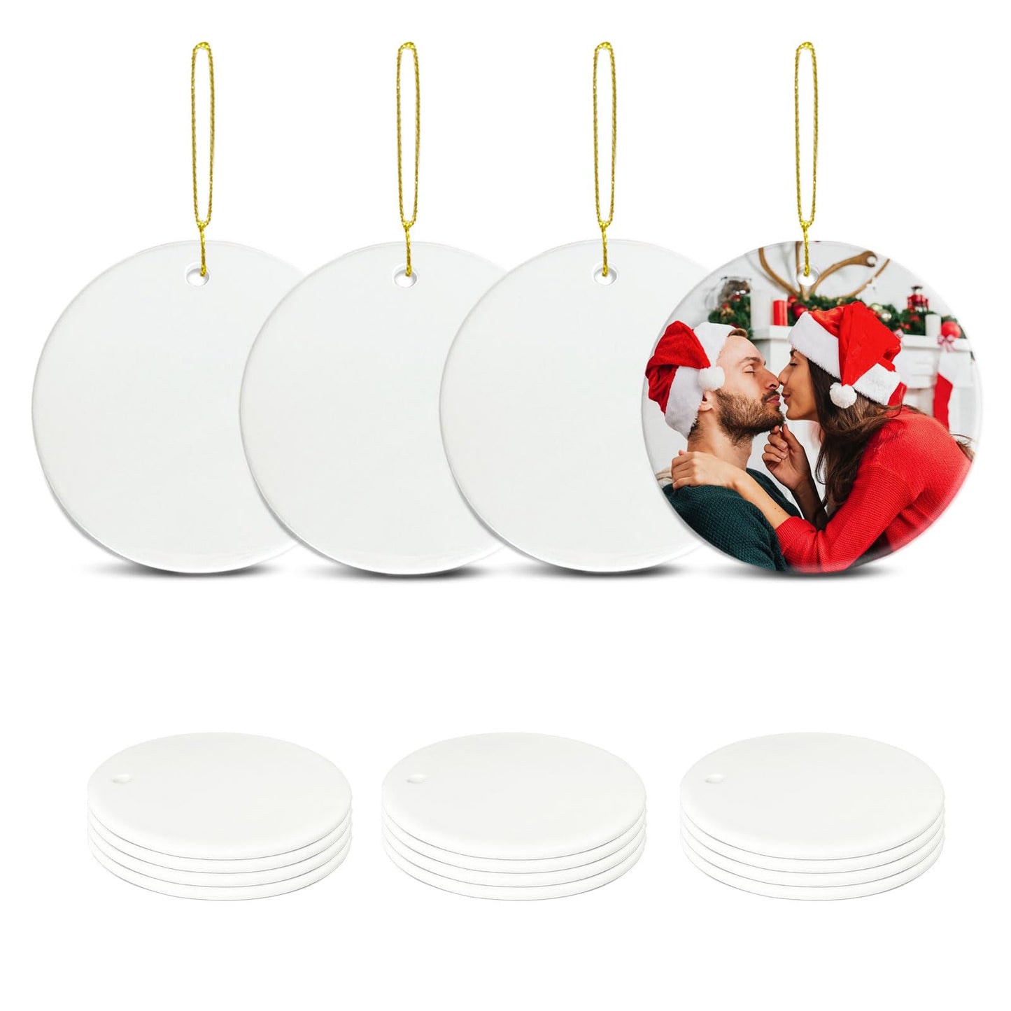 Sublimation Ceramic Ornaments Blanks with Gold String White Round Ornament Decorations Xmas Tree Gift for Heat Press Printing Crafts 12Pcs