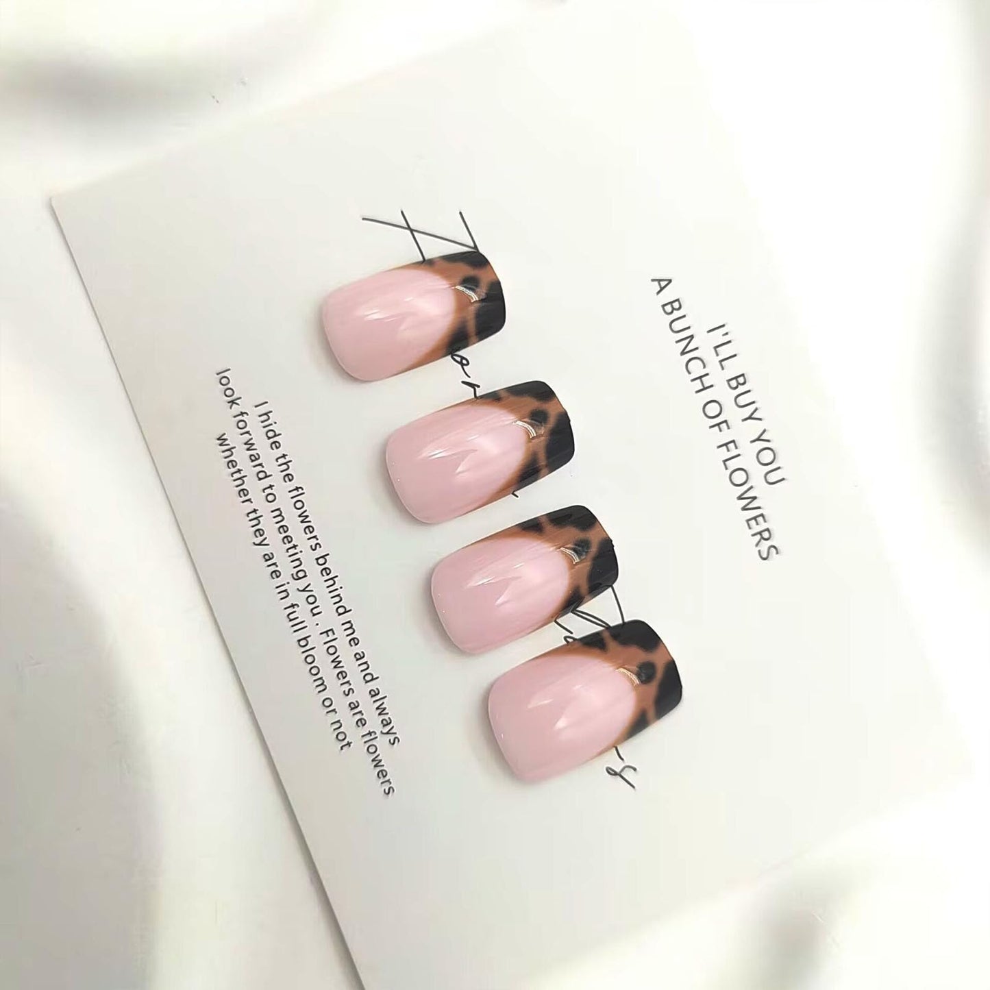 24Pcs French Tip Press on Nails Medium Square Fake Nails with Brown Black Leopard Print Designs Glossy Nails Press ons Nude Full Cover Glue on Nails Fall Acrylic Artificial Stick on Nails for Women