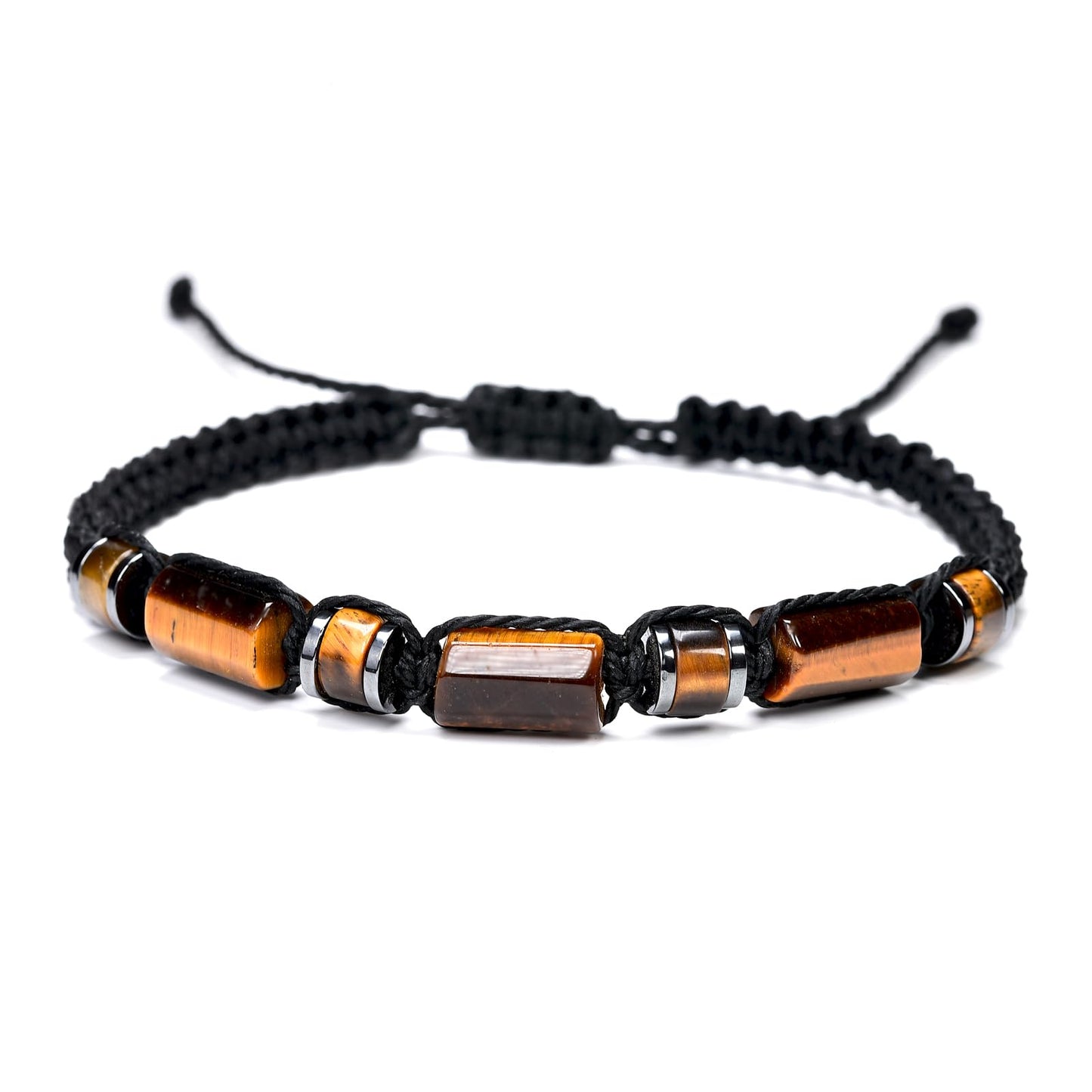 Senxilk Tiger Eye Bracelet, Black Braided Cord, Adjustable Size, for Men and Teens