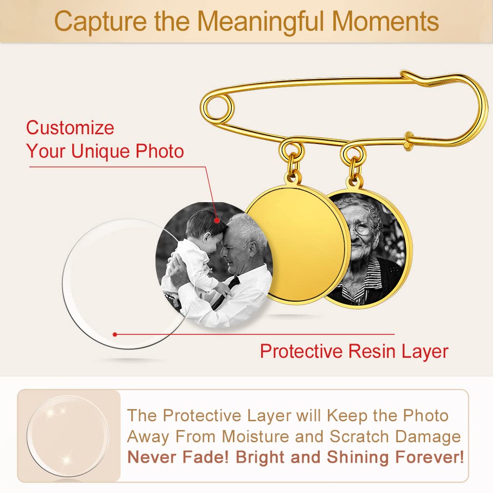 Custom4U Memorial Charm for Wedding Bouquet Round Shaped Memory Charms Brooch Pins Funeral Boutonniere with 2 Pictures Engraved
