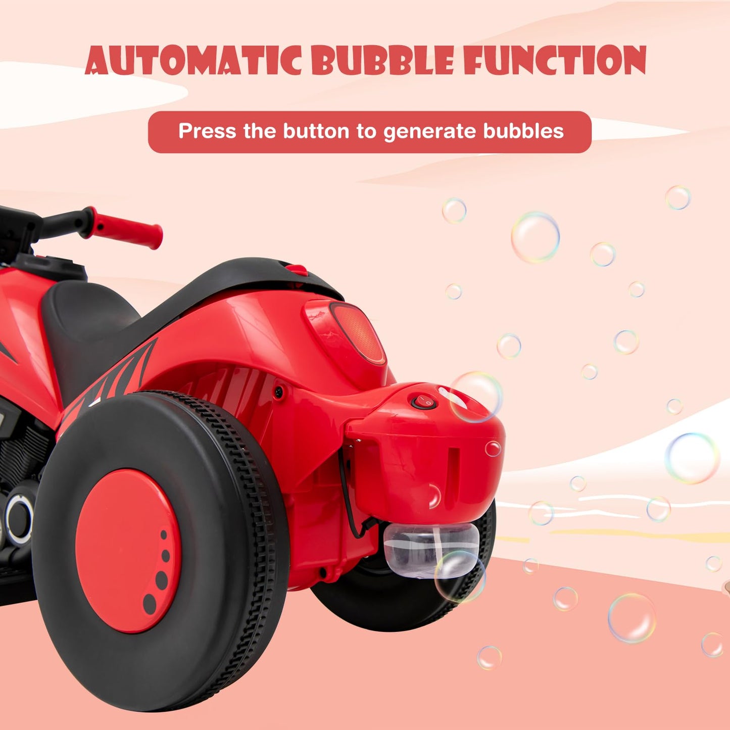 OLAKIDS Kids Motorcycle, 6V Electric Ride On Car with Automatic Bubble Function, Foot Pedal, Headlight, Music, 3 Anti-Skip Wheels Vehicle for Children, Toddler Ages 3+
