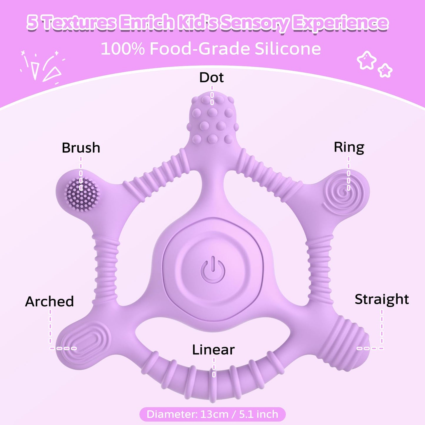 Vibrating Teether for Baby, Sensory Toys for Kids with Autism & Teething Relief for Babies 6-18 Months, USB Chargeable with 3 Vibration Settings, Autism Sensory Products (Purple)
