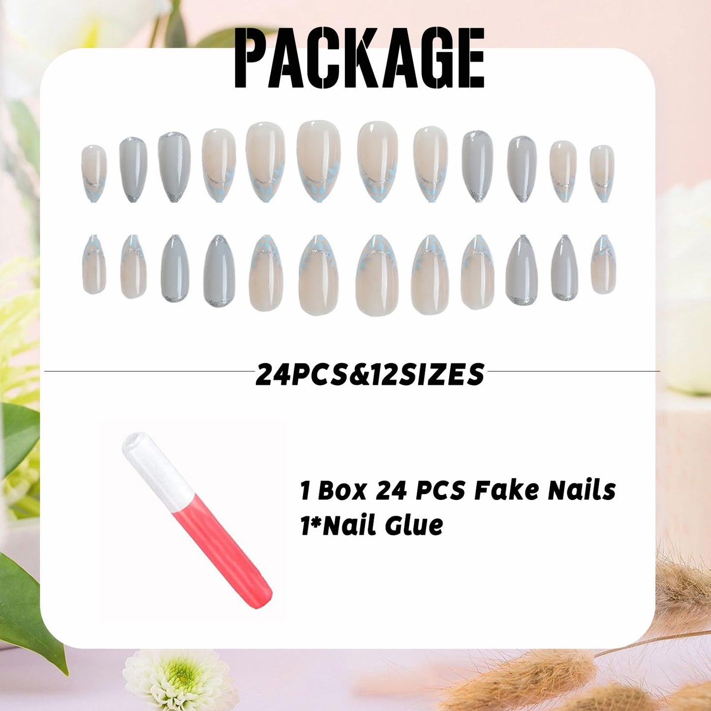 IMSOHOT Press on Nails - Gray Blue | Medium Almond Fake Nails, Glitter, Flower Glossy False Nails - Acrylic Gel Glossy Glue on Nails | 12 Sizes - 24 Nail Kit
