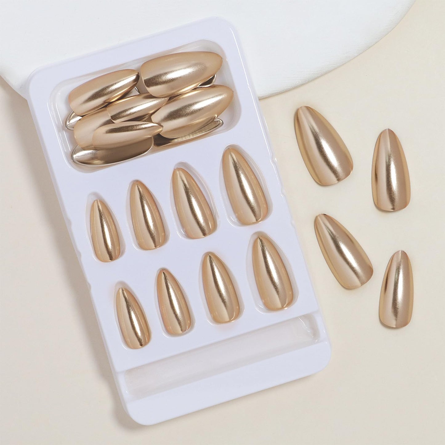 FJSMTOPl Gold Press on Nails Almond Fake Nails Metallic False Nails Press ons Christmas Acrylic Glue on Nails Medium Artificial Stick on Nail for Women Manicure 24Pcs