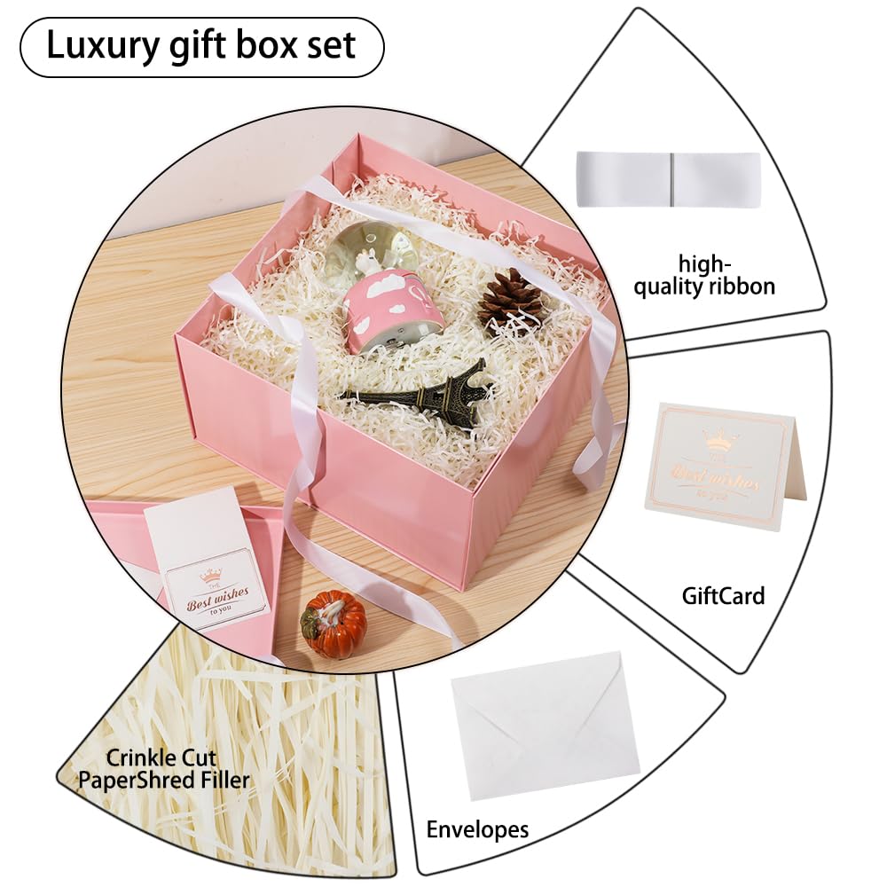 UoeRing 1Pcs Pink Extra Large gift box with lids 13×13×7 Inches gift boxes for presents,Birthday Box (include Ribbon, Paper Shred Filler Gift Card & Envelopes)