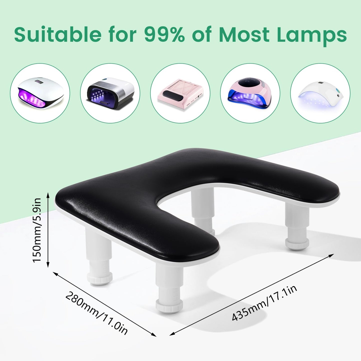 Big Arm Rest for Nails Tech: 2nd Generation U-Shaped Manicure Nail Rest Stand Height Adjustable Armrest Microfiber PU Leather Hand Rest Pillow for Acrylic Nails (Black)
