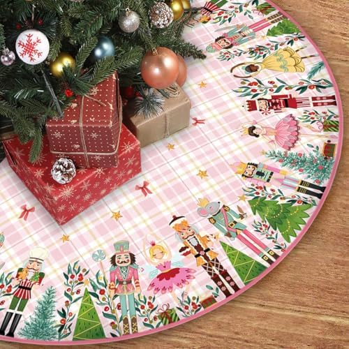 Christmas Tree Skirt 48 Inch Winter Xmas Pink Nutcracker Home Party Decor