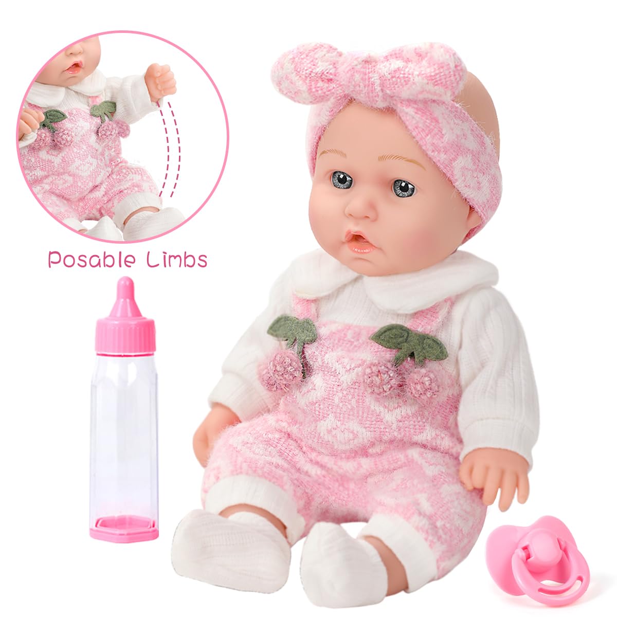 ZNTWEI 12'' Baby Doll Playset in Gift Box with Pink Cherry Pattern Clothes Accessories,Pacifier,Feeding Bottle.First Baby Dolls for Toddlers 3+ and Up
