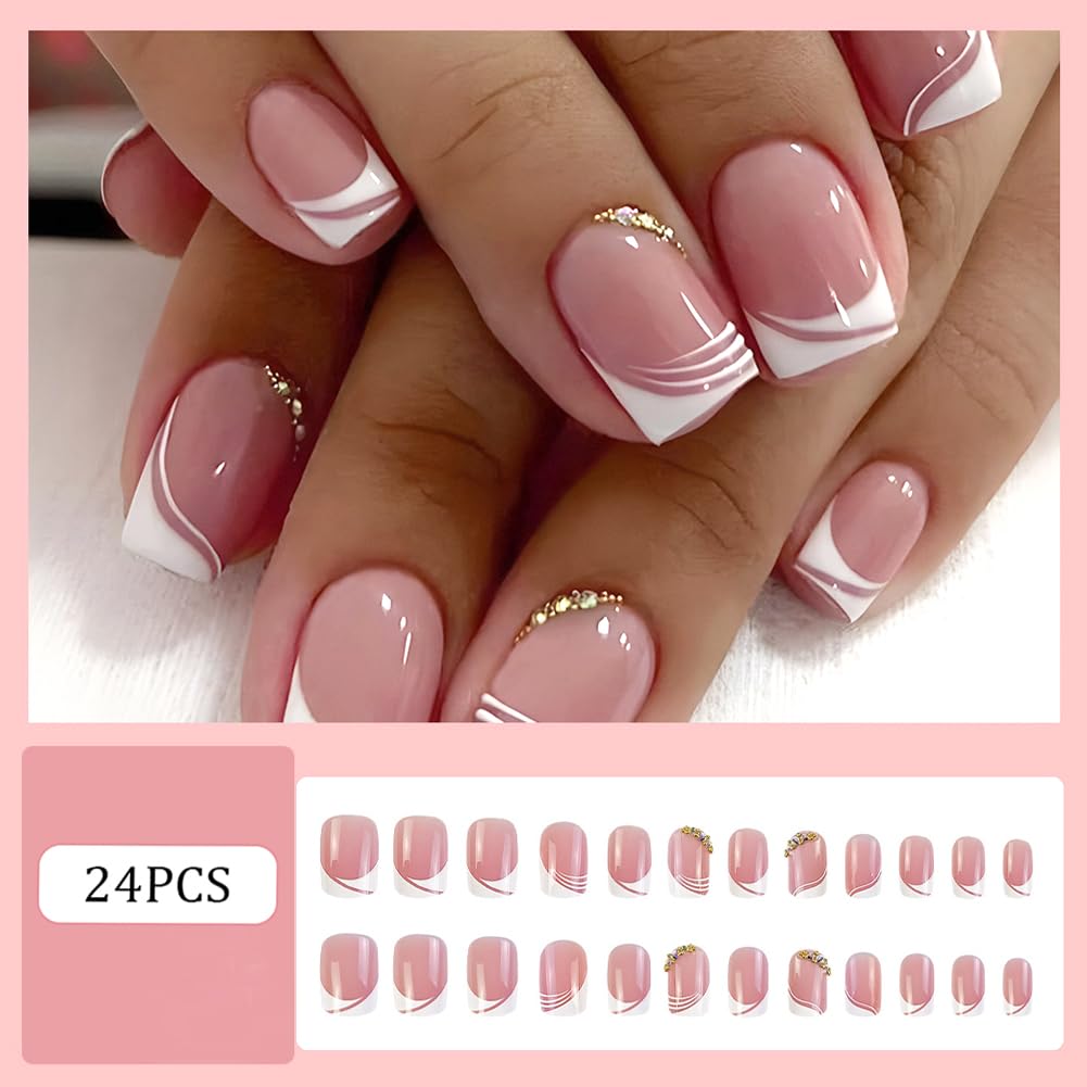 Extra Short Press On Nails 24Pcs Glue On Nails Square Short Fake Nails Glossy False Nails with White French Tip&Diamond Press Ons Designs Artificial Stick on Nails for Women