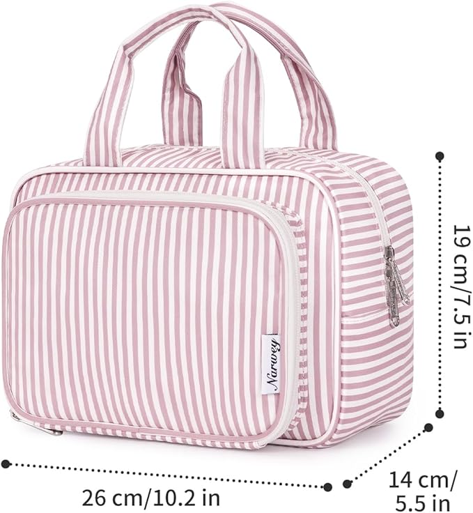 Narwey Large Travel Toiletry Bag for Traveling Women, Cosmetic Makeup Bag Make Up Organizer, Striped Travel Bag for Toiletries with Handle (Dusty Rose Stripe)