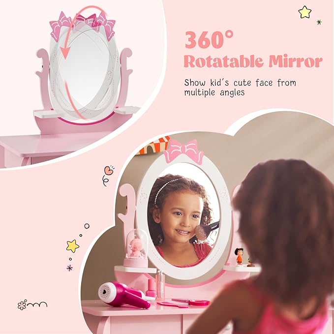KOTEK Pink Kids Vanity Set, 2-in-1 Makeup Vanity Desk with Detachable Top & 360° Rotating Mirror, Stool and Drawer, Bow Pattern for Little Girls, Princess Dressing Table for Toddler 3-7