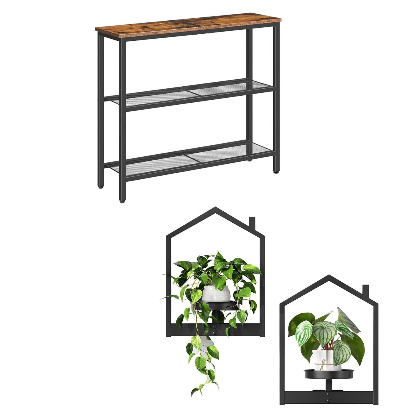 HOOBRO Console Table and Hanging Planter Bundle, 3-Tier Narrow Entryway Table, Hanging Planters for Indoor Plants Set of 2, BF73XG01-BK08HJP201