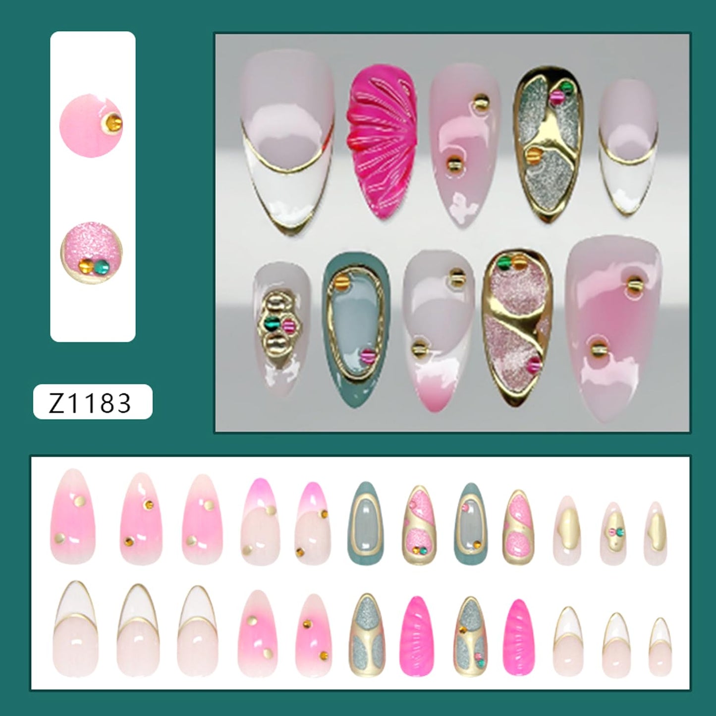 24Pcs White French Tip Press on Nails Medium Almond Fake Nails with 3D Sparkly Rhinestone Designs Chrome Gold False Nails Pink Smudge Full Cover Gilded Lines Glossy Artificial Stick on Nails for Women