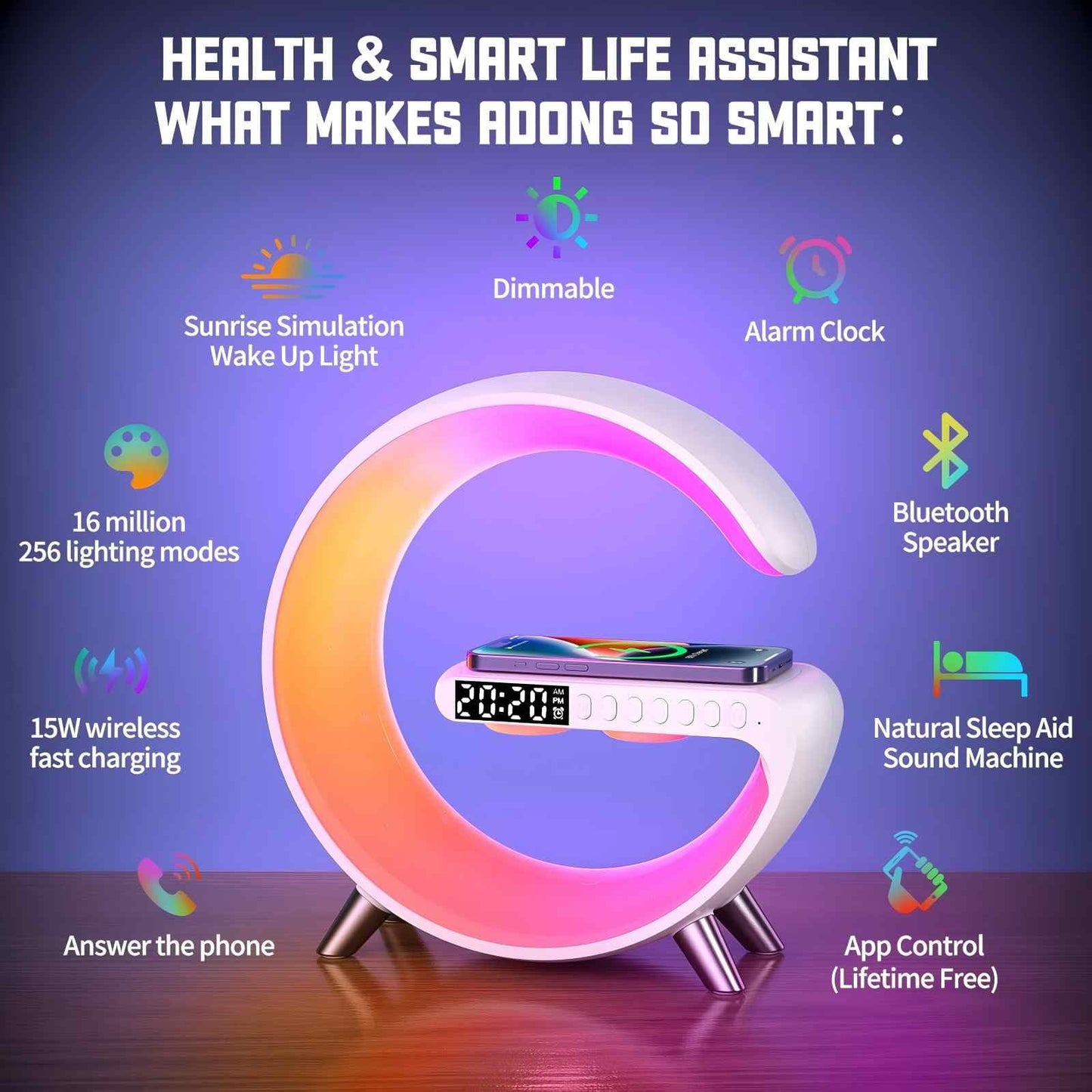 BKDRL Bluetooth Speaker Lamp with Wireless Charger, RGB Night Light, Alarm Clock, App Control - White