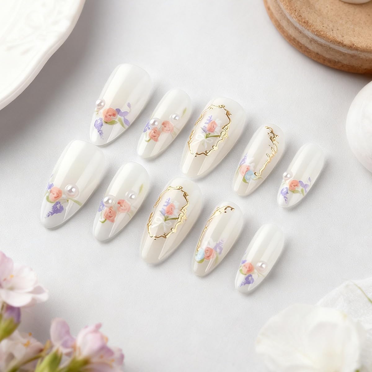 Spring Flower Press on False Nails White French Tip Fake Nails Medium Almond Glue on Nails with Retro Flower, Gold Striped, 3D Pearl Designs Press ons Stick on Nail for Women Manicure 30Pcs