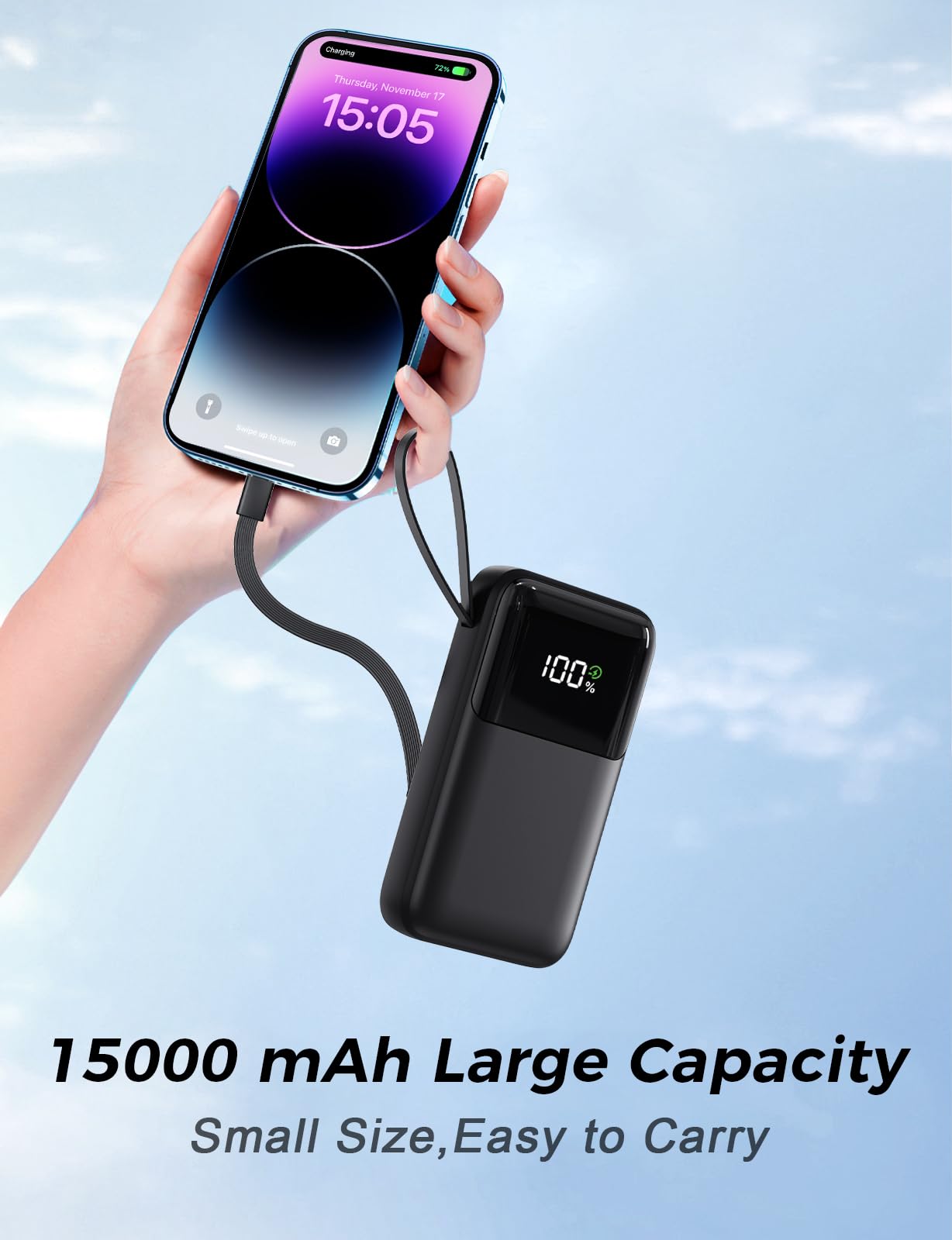 Power Bank, 15000mAh Portable Charger with Built in Cable, 22.5W Fast Charging, 6 Outputs, Slim Travel Essential Battery Pack with LED Display, Compatible with iPhone 17/16/15/14/13, iPad Black