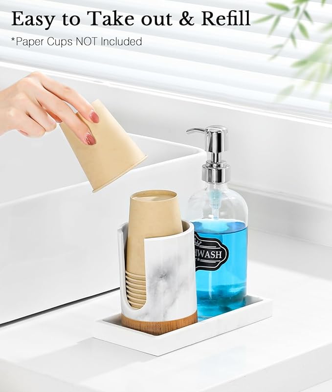 Luxspire Dixie Cup Dispenser, 5-7oz Bathroom Cup Dispenser, Marble Resin Dixie Cup Holder, Disposable Bathroom Paper Cup Holder, Cotton Pad Holder, Guest Bathroom Essentials, Gravel White, 1 Pack