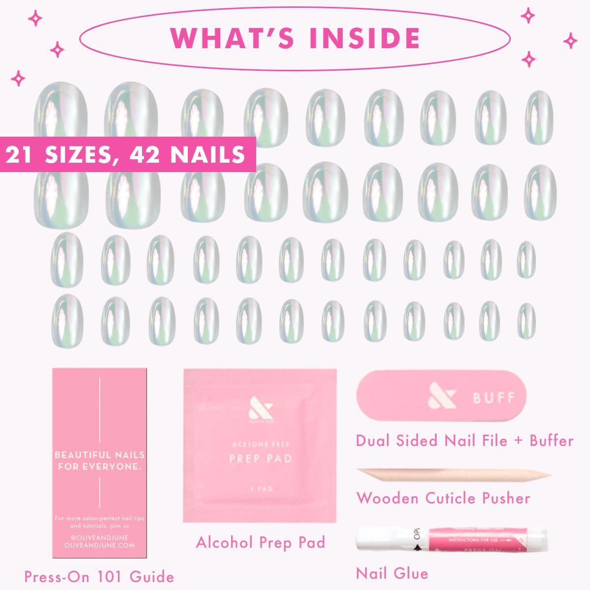Olive & June Instant Mani Press-On Nails (Glue) | 42 Fake Nails, 21 Sizes | Non-Toxic, Long-Lasting Recycled Materials | Spring Flowers & Patterns | Extra Short, Round | Sheer Lavender Shimmer