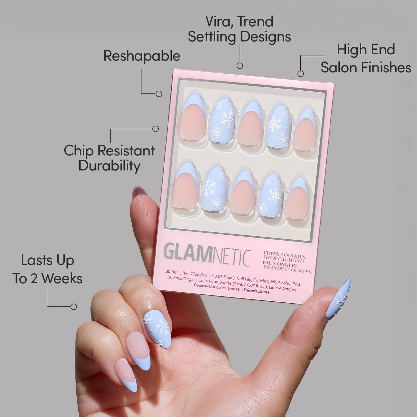 Glamnetic Press-On Nails Bundle - Snow Bunny & Pink Comet | Pale Blue Short Almond Fake Nails with French Tips & 3D Snowflake Designs | Pale Pink Short Almond Fake Nails with 3D Gems | Durable, Salon-