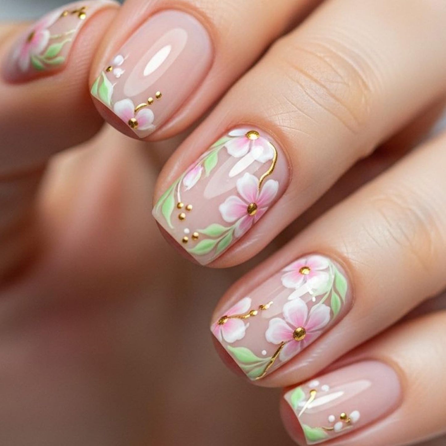 CTTHNBD Square Press on Nails Short - Flower Fake Nails with Gold Line Design - Spring, Glossy Full Cover Stick on False Nails for Women 24 Pcs