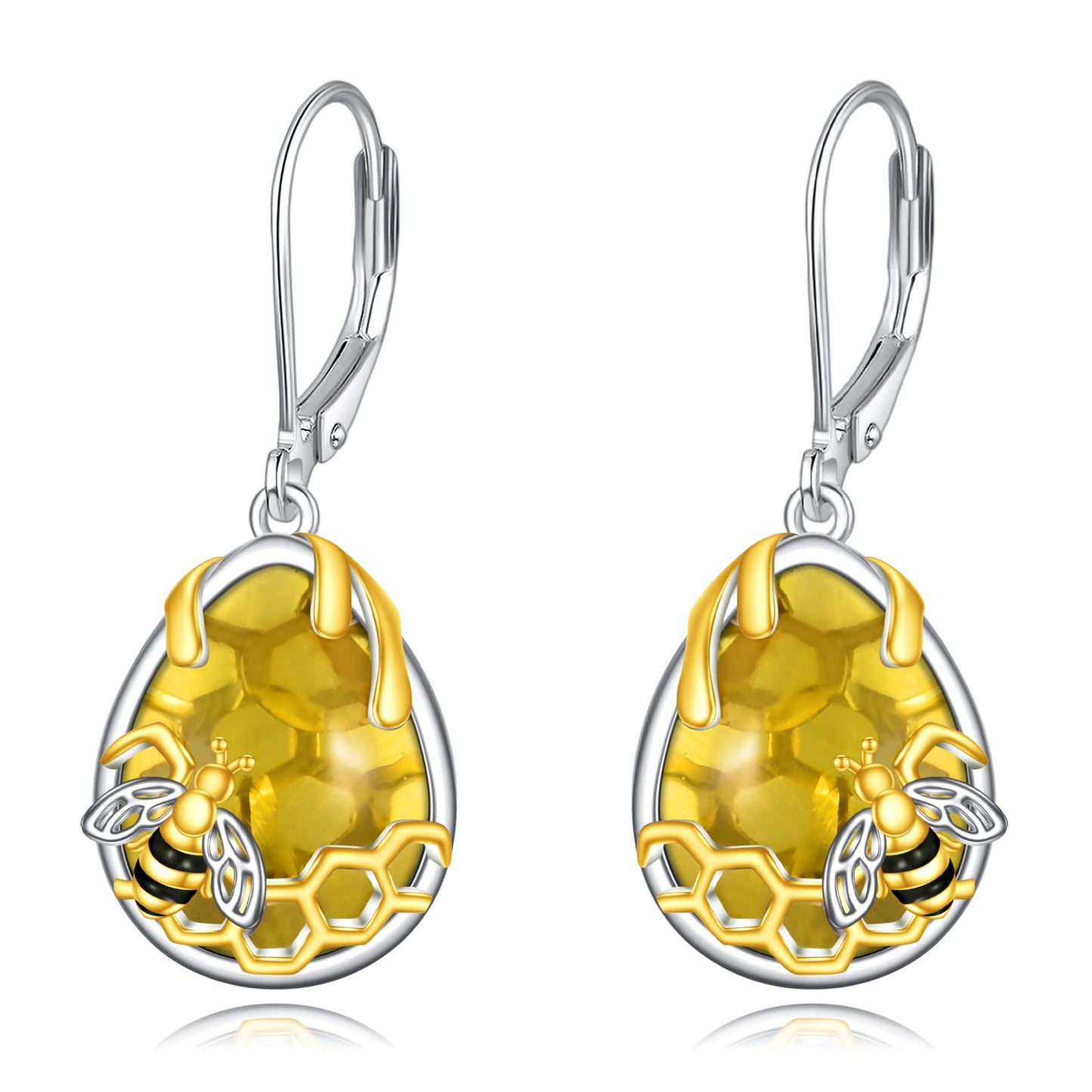 YFN Honeycomb Bee Earrings 925 Sterling Silver Amber Crystal Teardrop Dangle Drop Leverback Earring for Women