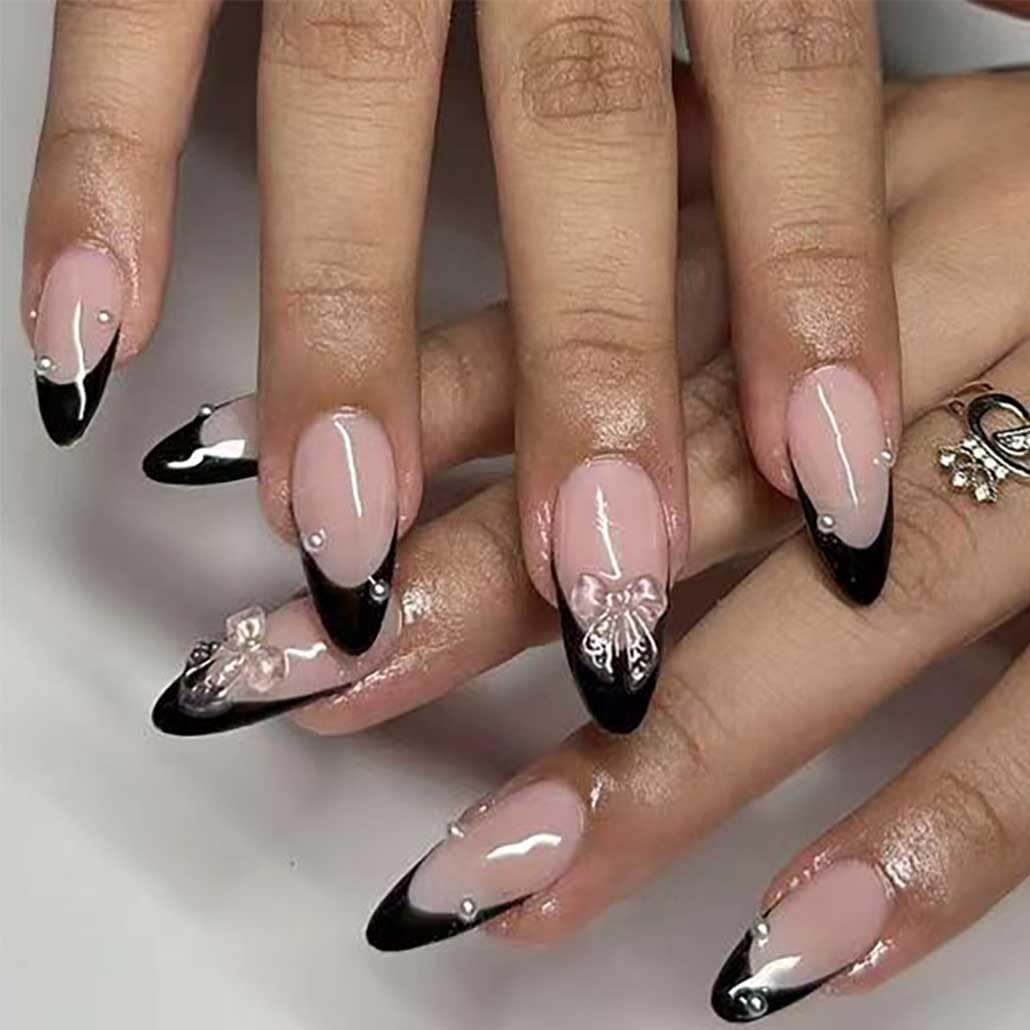 Foccna Press on Nails Medium Pearl Black Fake Nails Almond Glossy 3D False Nail Tips French Artificial Nails Finger Manicure for Women and Girls,24pcs
