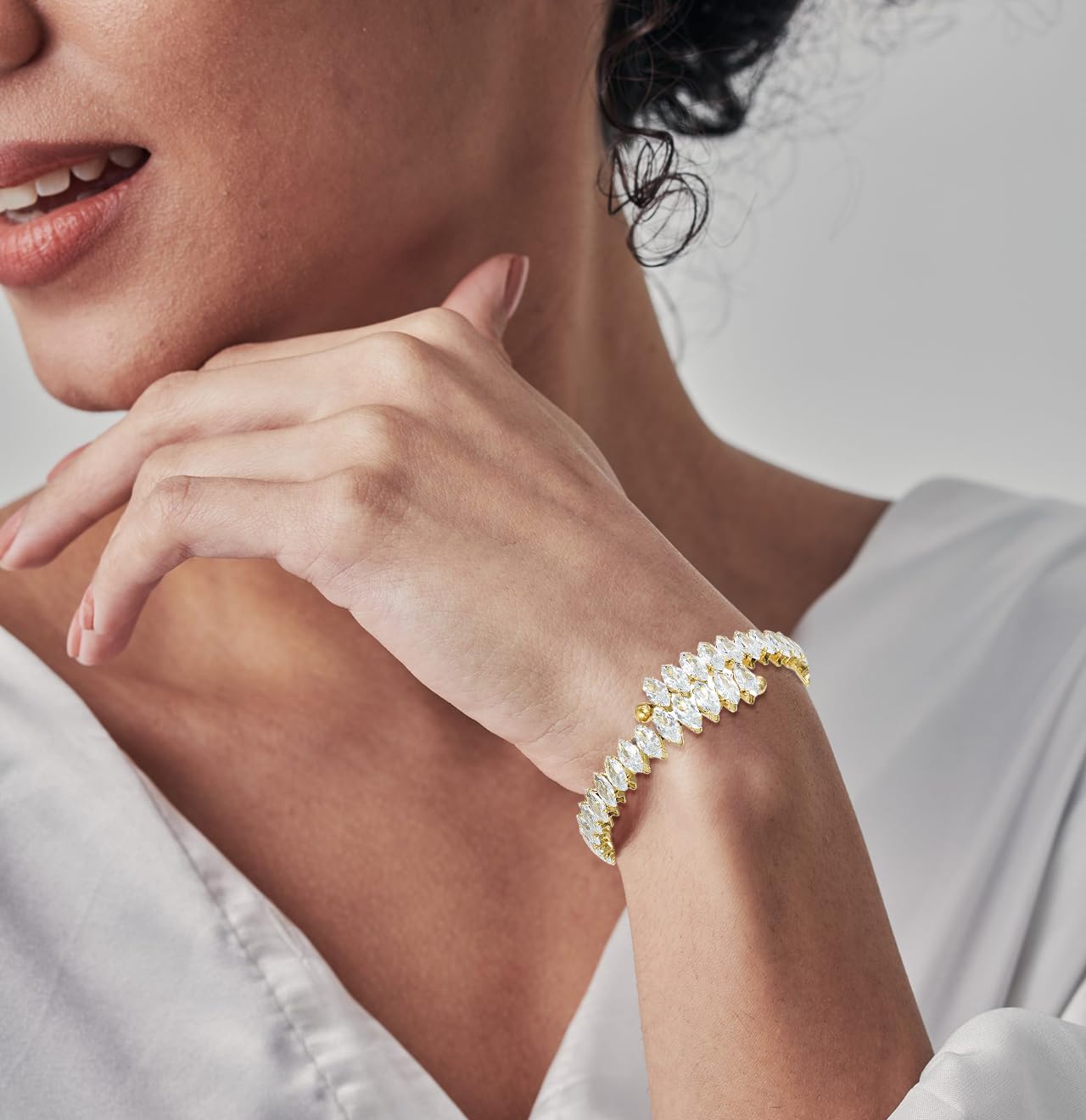 Wovanoo Rhinestone Cuff Bracelet Cubic Zirconia Tennis Bracelets Open Adjustable Bangle for Women Gold White