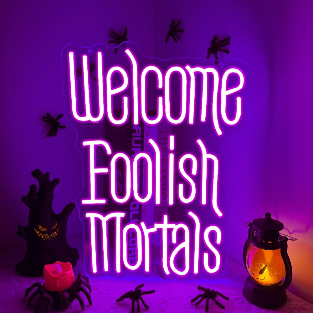 RuCvixkt Welcome Foolish Mortals Neon Sign for Wall Decor, Coffin LED Halloween Neon Signs Spooky Gothic Haunted Mansion Decor, USB Powered Led Neon Light for Man Cave, Party,Haunted House