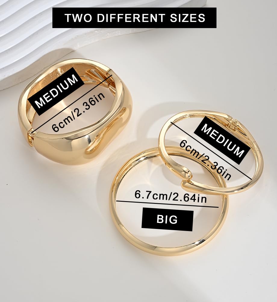 Chunky Gold Bangle Bracelets for Women, Dainty 14k Gold Plated Big Stackable Bangles Set, Trendy Statement Cuff Bracelet Stack Fashion Jewelry Gifts (3 Chunky & thin bangles)