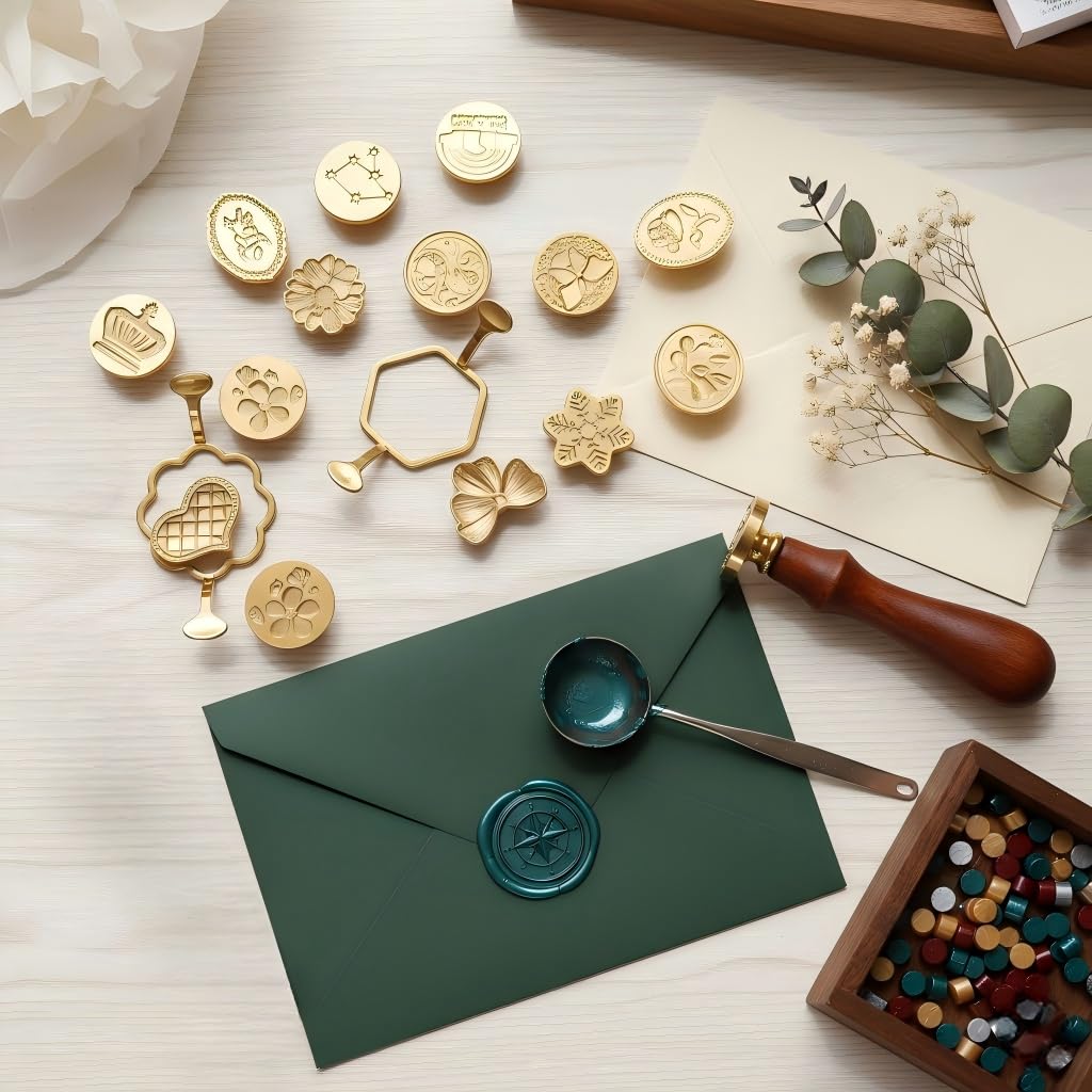41-Piece Wax Seal Stamp Kit with Vintage Design Metal Stamp Heads -Wooden Handle for Sealing Wedding Invitations, Envelopes, Gift Wrapping and DIY Craft Projects