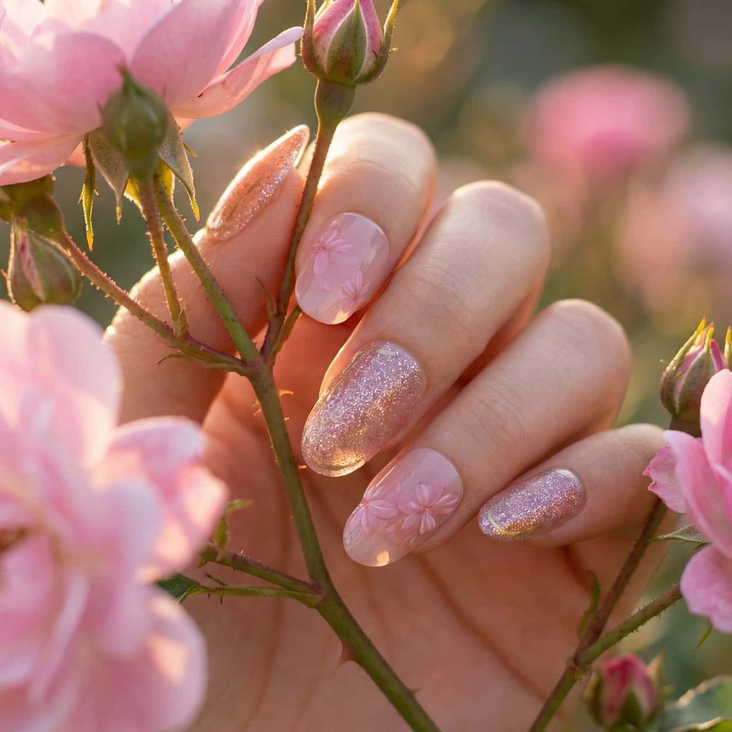 Summer Style Press on Nails Medium Almond Fake Nails Pink with Flower Designs Full Cover Glue on Nails Reusable Artificial Stick on Nails for Women 24 Pcs