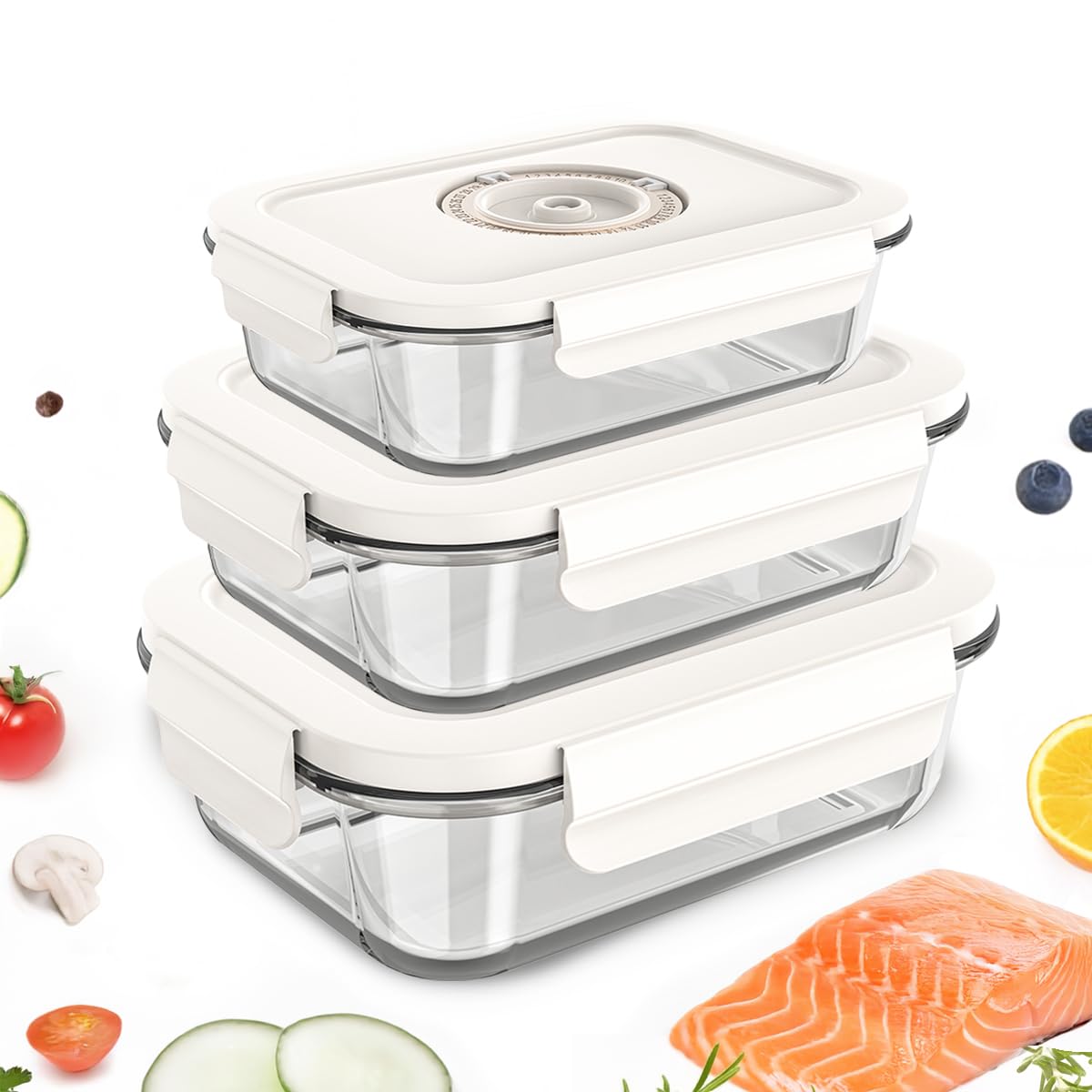 GENIEX Glass Vacuum Seal Containers for Food Storage 3pcs set [Small + Medium + Large] | Work with Handheld Vacuum Sealer Machine