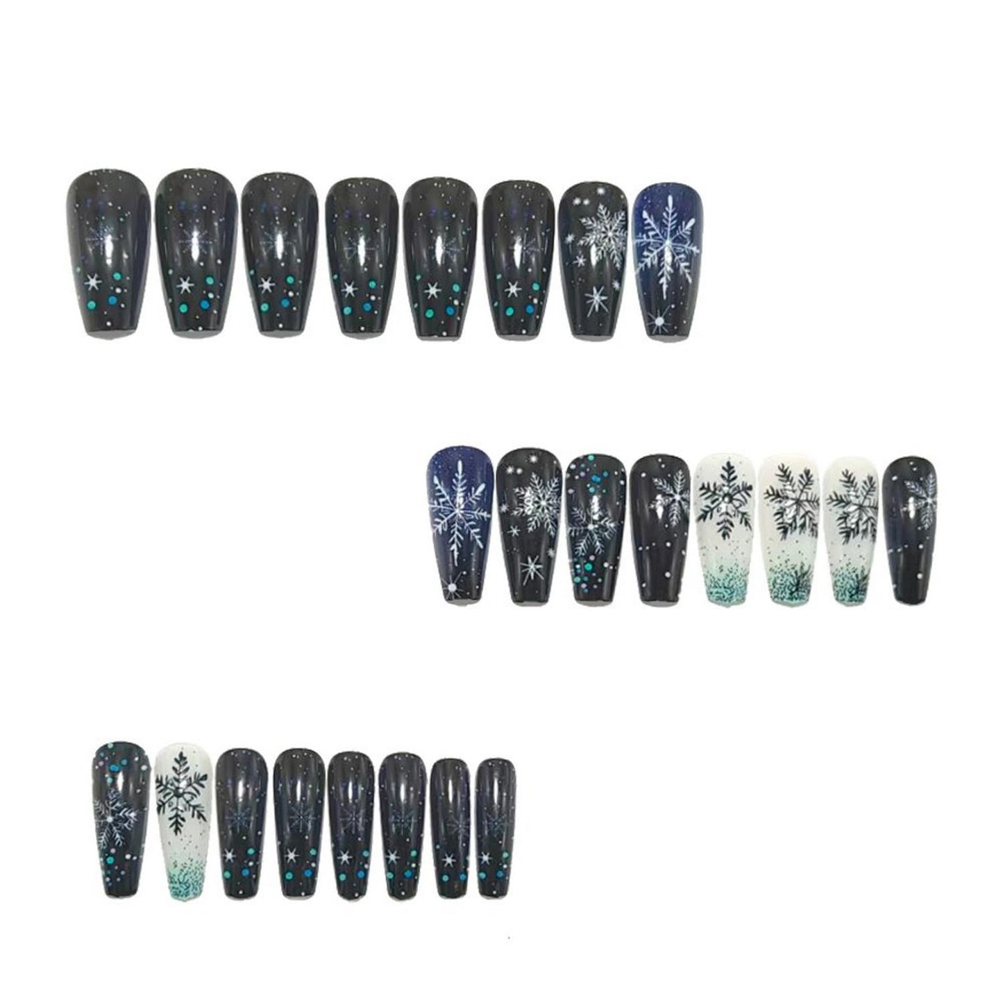 24 Pcs Christmas Press on Nails Medium Square Fake Nails Black Blue White Gradient Glitter Snowflake False Nails Full Cover Snowflake Stick on Nails Sparkly Acrylic for Women