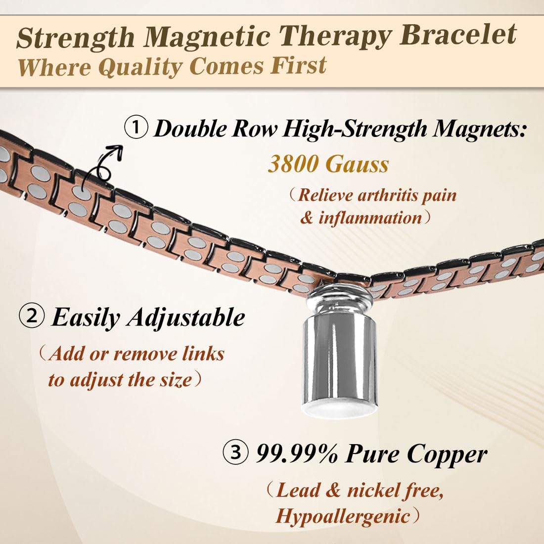 Cigmag Copper Bracelet for Men, Pure Copper Magnetic Bracelet & Ring Set with Strength 3800 Gauss Magnets, Adjustable with Sizing Tool (Double Row Black)