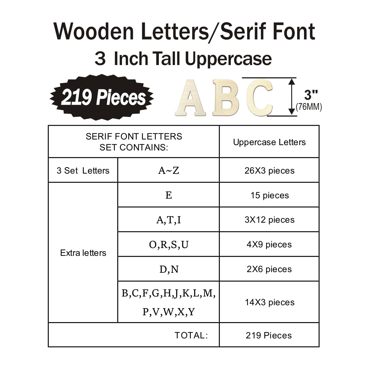 3 Inch 219 Pieces Wood Unfinished Letters Unpainted Wooden Surface Alphabet Letters for Hobby DIY Crafts