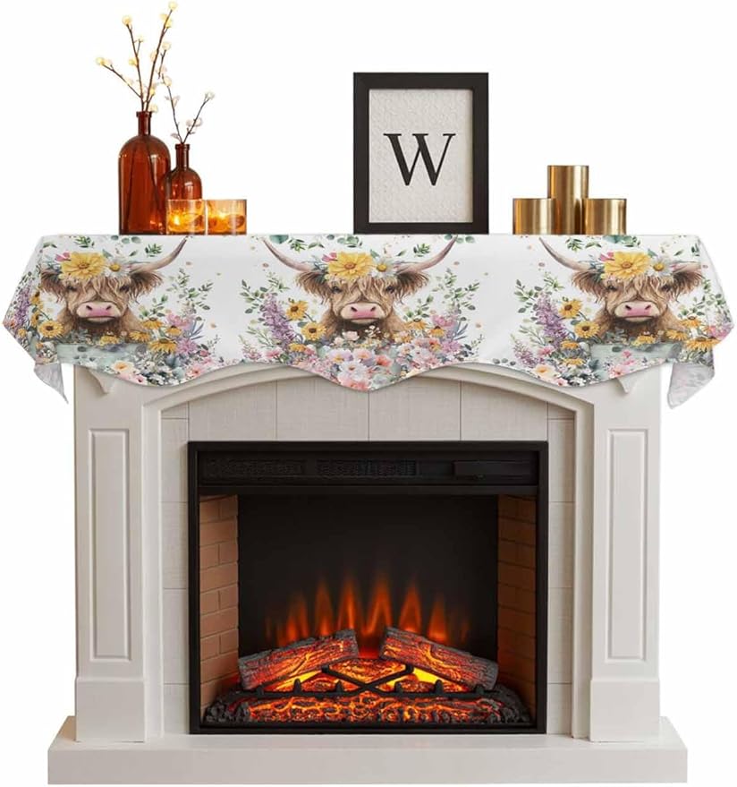Spring Cow Floral Fireplace Mantel Scarf Table Runner, Green Eucalyptus Leaves Botanical Winter Garland Mantel Top Tablerunners Dresser Scarves Cover for Windows Party Living Room 90''x17''