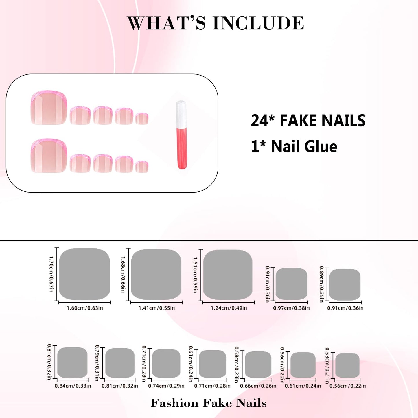 IMRAIN Pink Glitter French Press on Toe Nails Short Square Fake Toenails Full Cover Glossy Glue on Toe Nails Sequin Stick on Toenails for Women 24Pcs