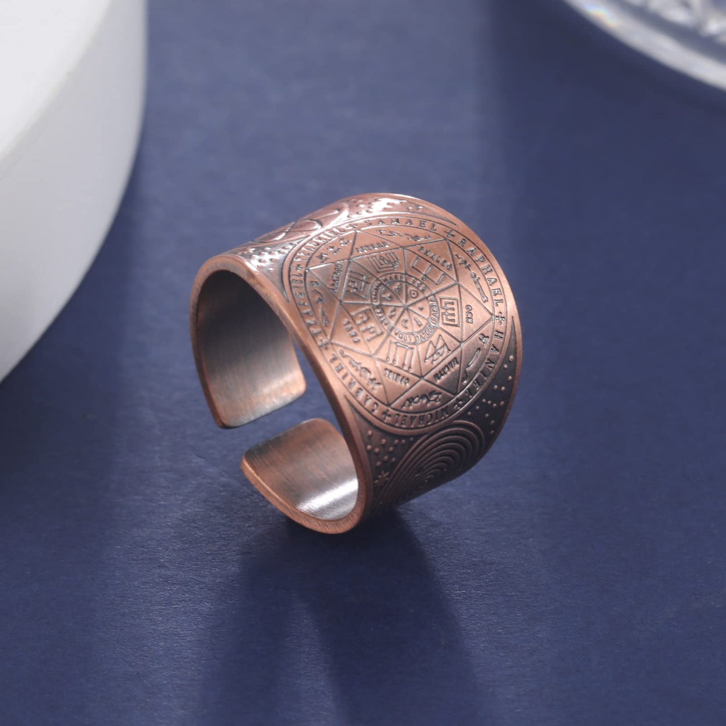 Amaxer Seven Archangels Ring for Men Copper The Seal Of Solomon Tetragrammaton Archangels Protection Ring Statement Band for Men Women (20mm-dark pink)