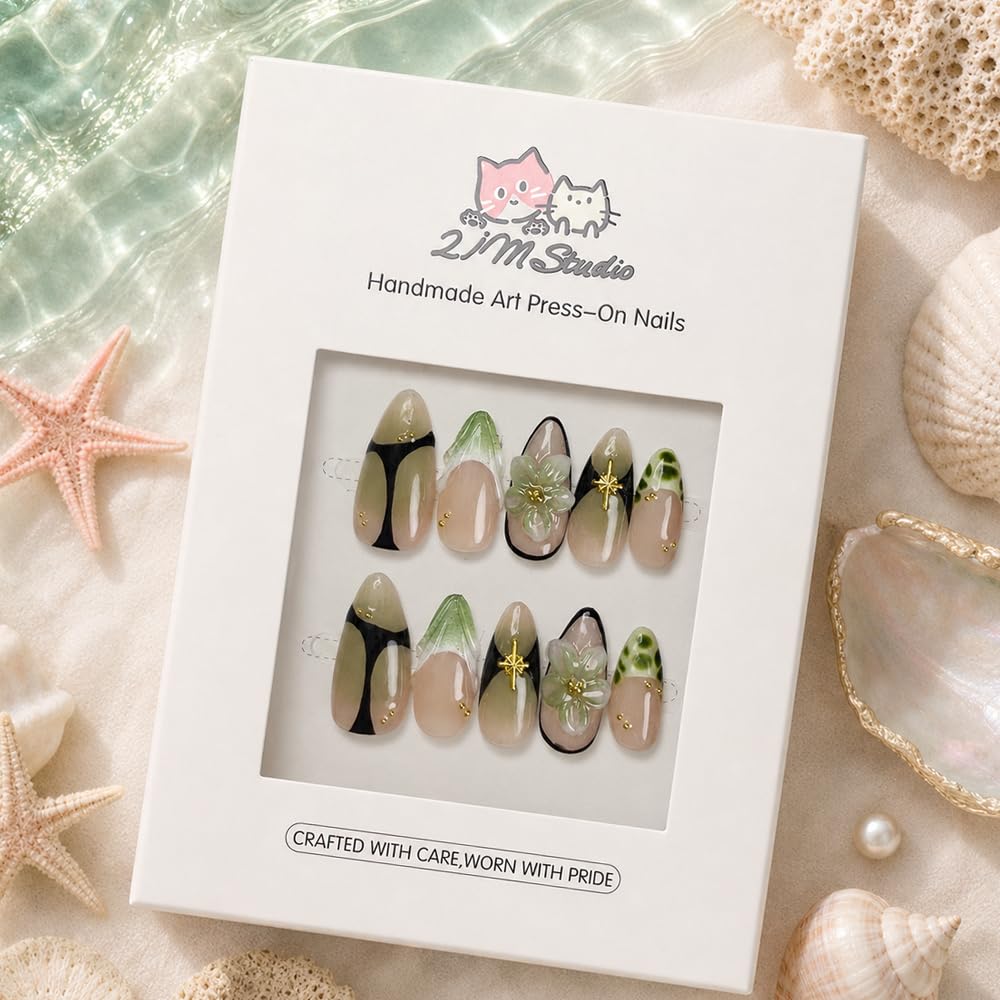 2IM Studio Handmade Press On Nails – 10 Piece Soft Gel Nail Kit with Glue & Tool Set, Reusable Artisan Nails, Salon-Quality Finish (Verdant Edge-XS)