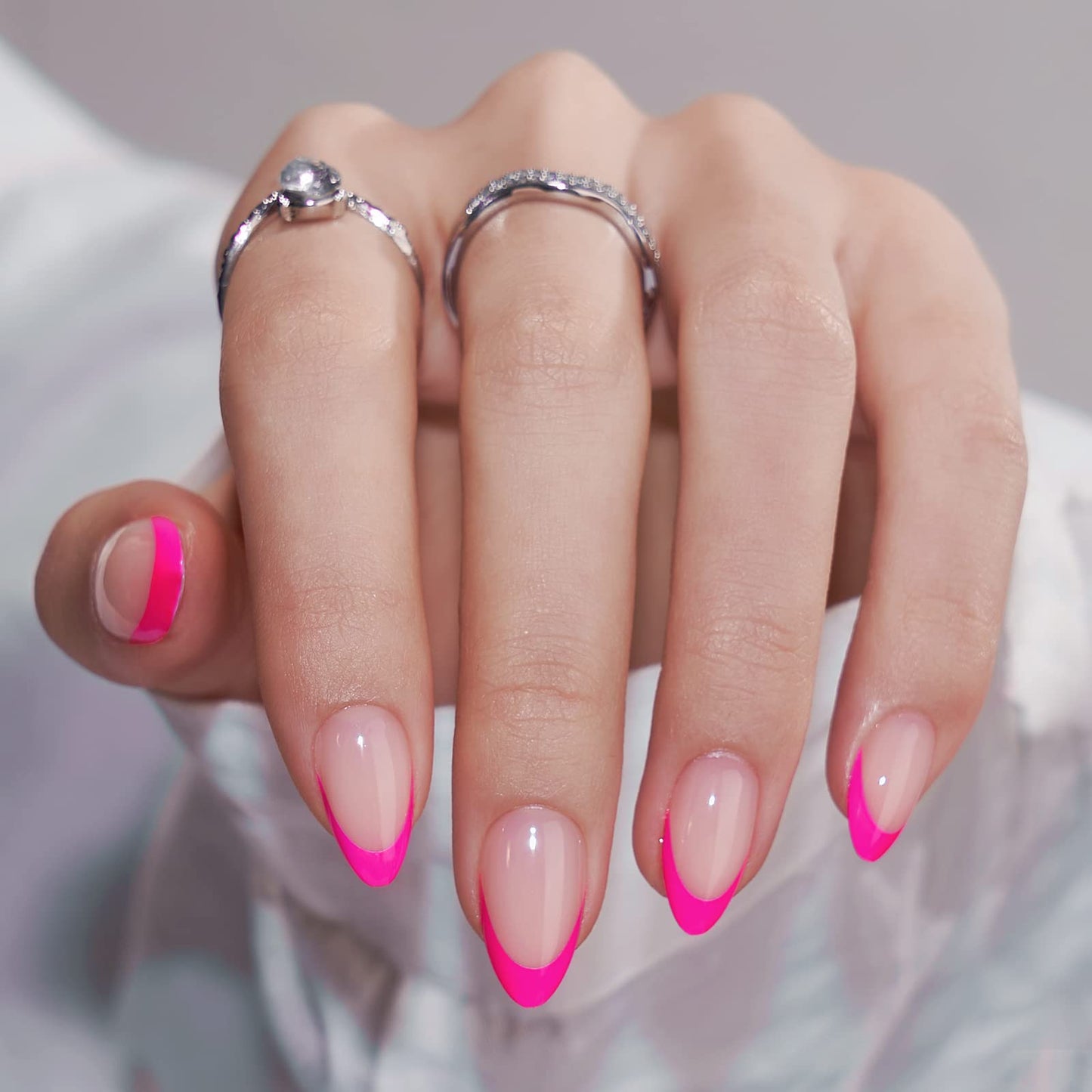 BTArtbox French Tip Press On Nails - Almond Stick On Nails for Women, Glue On Nails with Nail Glue, Berry French & Dazzling Pink