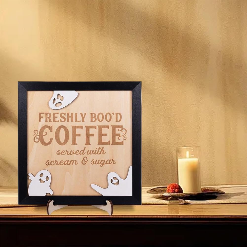 Freshly Boo'd Coffee Halloween Sign Cute Halloween Coffee Bar Decor Wooden Kitchen Decor Accessories Rustic Halloween Home Funny Halloween Coffee Bar Decorations