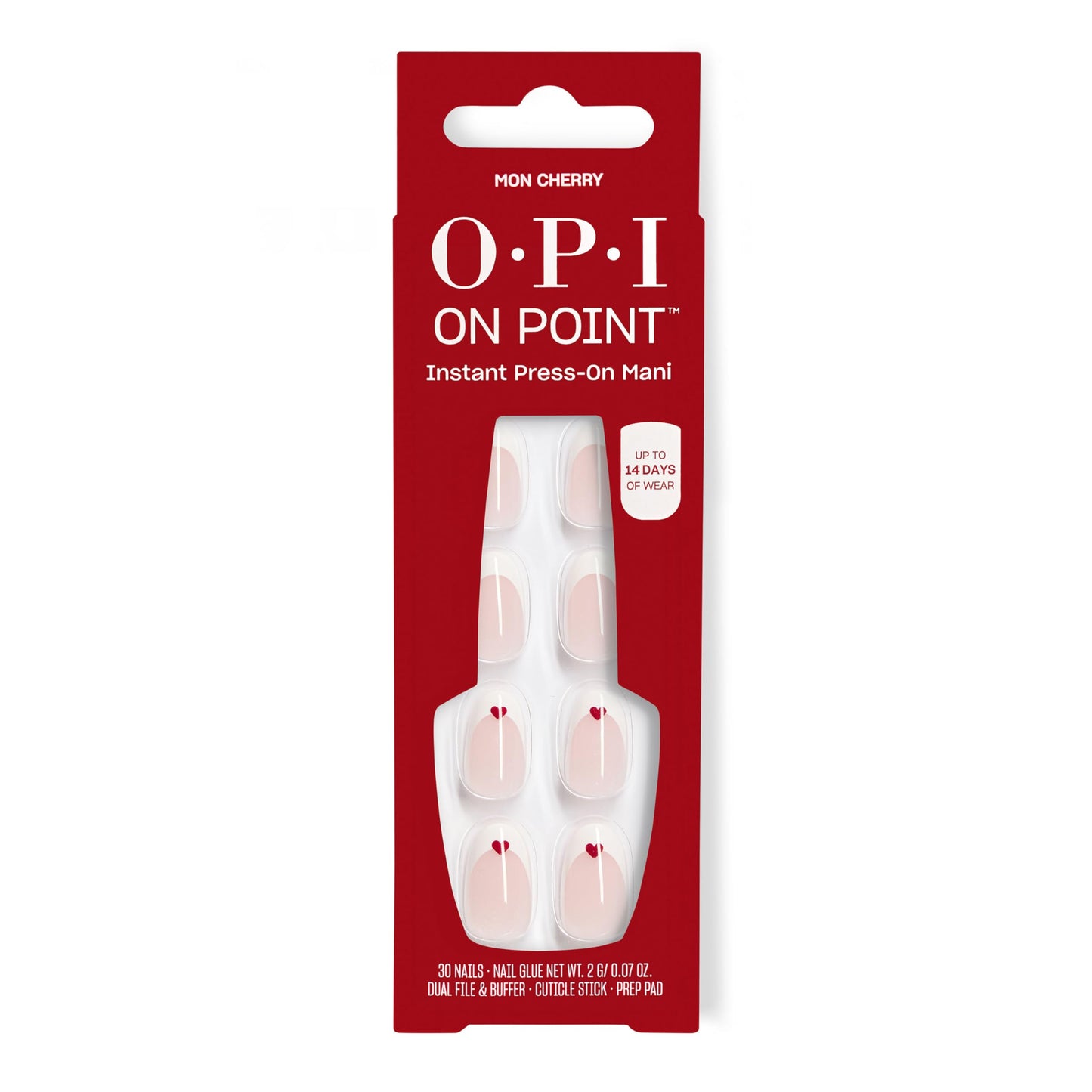 OPI On Point Mon Cherry | Short Round Opaque White French Tip with Red Hearts Nail Art Press On Nails | 30 Count with Glue | Long Lasting, Reusable, Non-damaging | Spring 2026 Shades