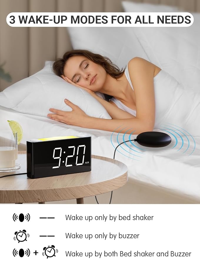 Vibrating Alarm Clock for Heavy Sleepers – Loud Alarm with Bed Shaker, 3 Wake Modes, Large 7.5” Display, 5-Level Dimmer, USB & Type-C Charging, Plug-in with Battery Backup for Bedroom, Teens & Deaf