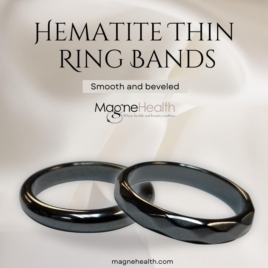 MAGNEHEALTH - Black - Size 10 - Thin Beveled Magnetic Hematite Ring for Women, Absorbs Negative Energy, Magnetic Acupuncture Ring