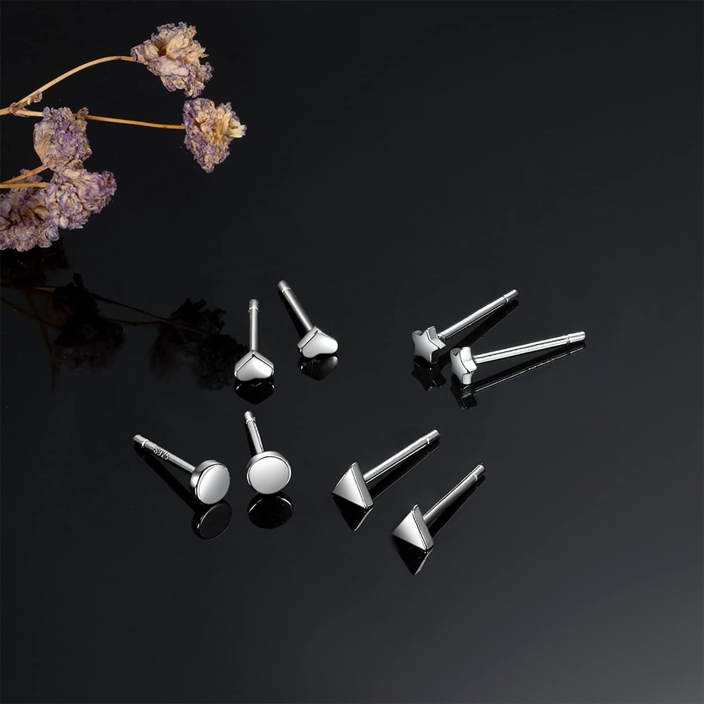Sterling Silver Stud Earrings for Women Men- 4 Pairs of Hypoallergenic Simple Geometric Small Stud Earring Set Tiny Triangle Square Heart Star Stud Earrings Mini Cartilage Tragus Earrings, Silver