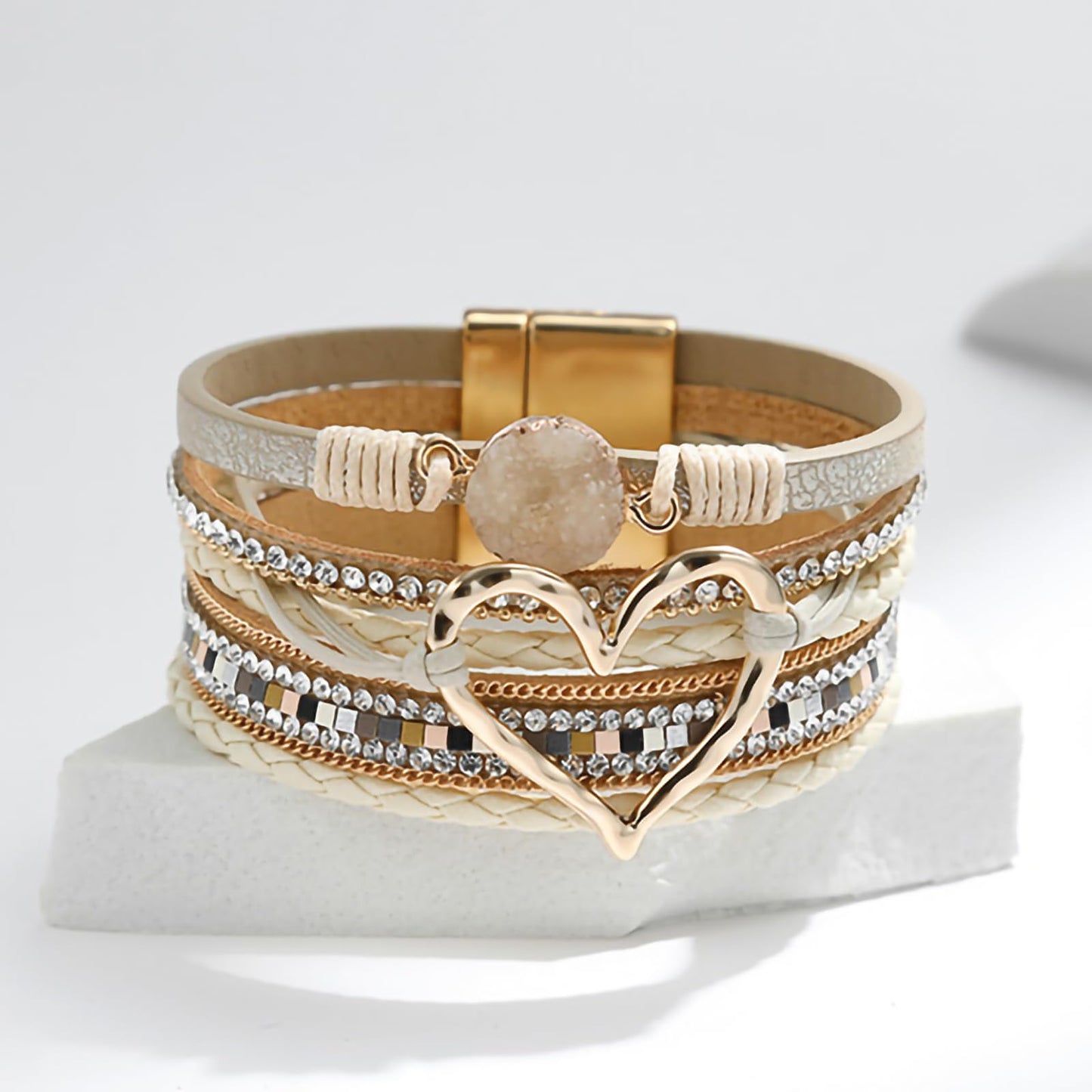 Leopard Bracelet for Women, Boho Leather Wrap Multi-Layer Pearl Crystal Bracelet Bangle Jewelry (Heart Leather(Khaki))