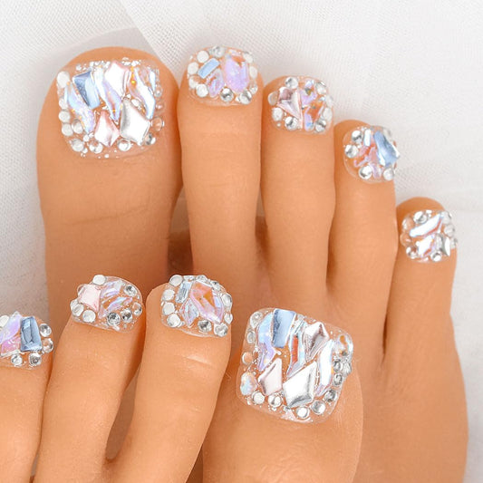 Sethexy Short False Toenails Silver Bling Rhinestone Wedding Full Cover Press On Toenails Luxury Crystal Fake Toe Nails Acrylic Stick On Foot Nails for Women and Girls 10Pcs (8, L)