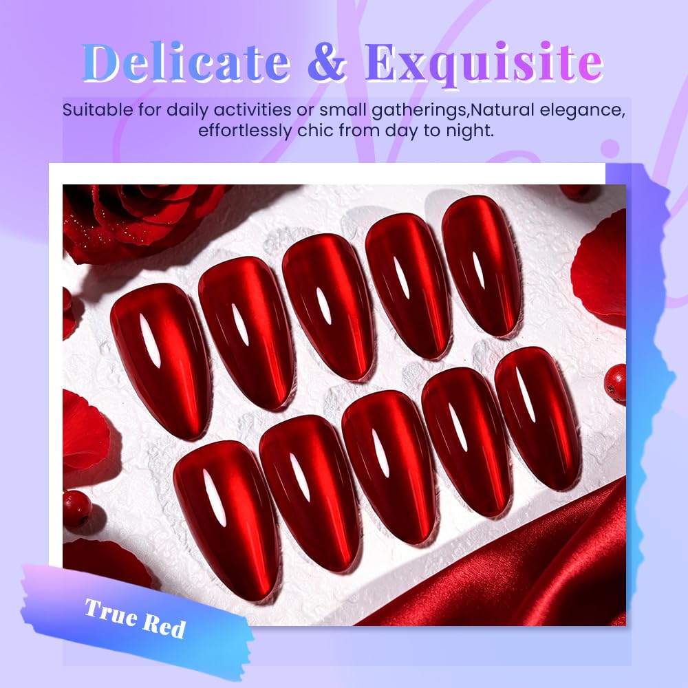 evpct True Red Cat Eye Chrome Press on Nails Almond Medium No Glue, Red Holographic Medium Almond Stick on Fake Nails for Women Gift, Glossy Cat Eye Effect, Perfectly Fit Salon-quality Soft False Nail