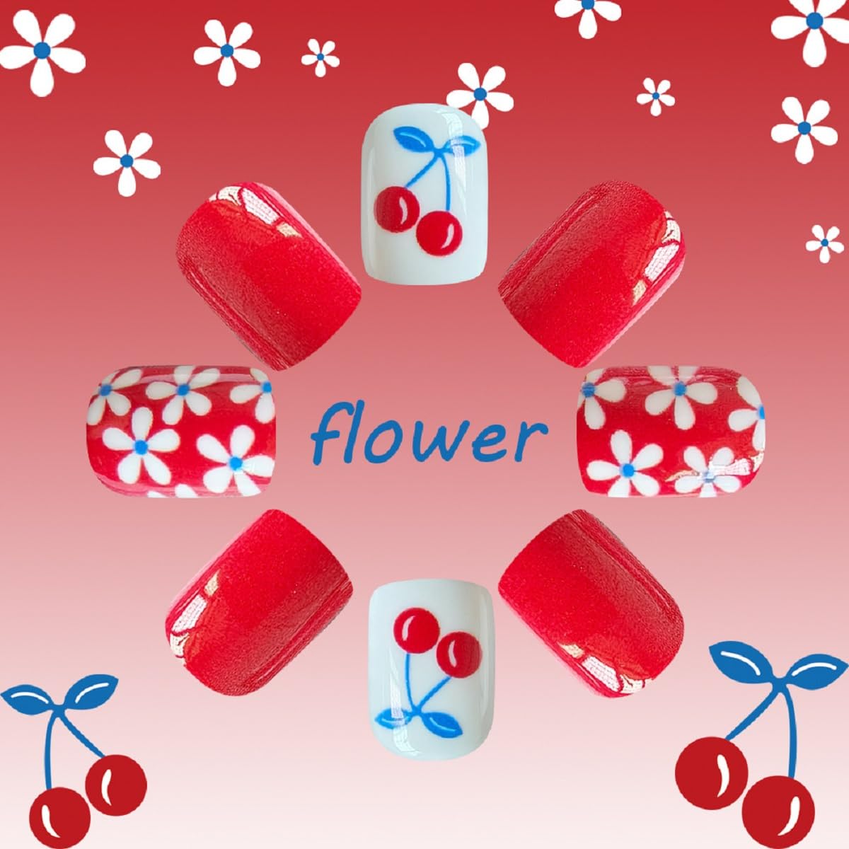 Red Press On Nails Short Square Fake Nails Flower With Cherry Design Spring False Nails Glossy Full Cover Acrylic Glue On Nail Artificial Stick On Nail For Women 24pcs